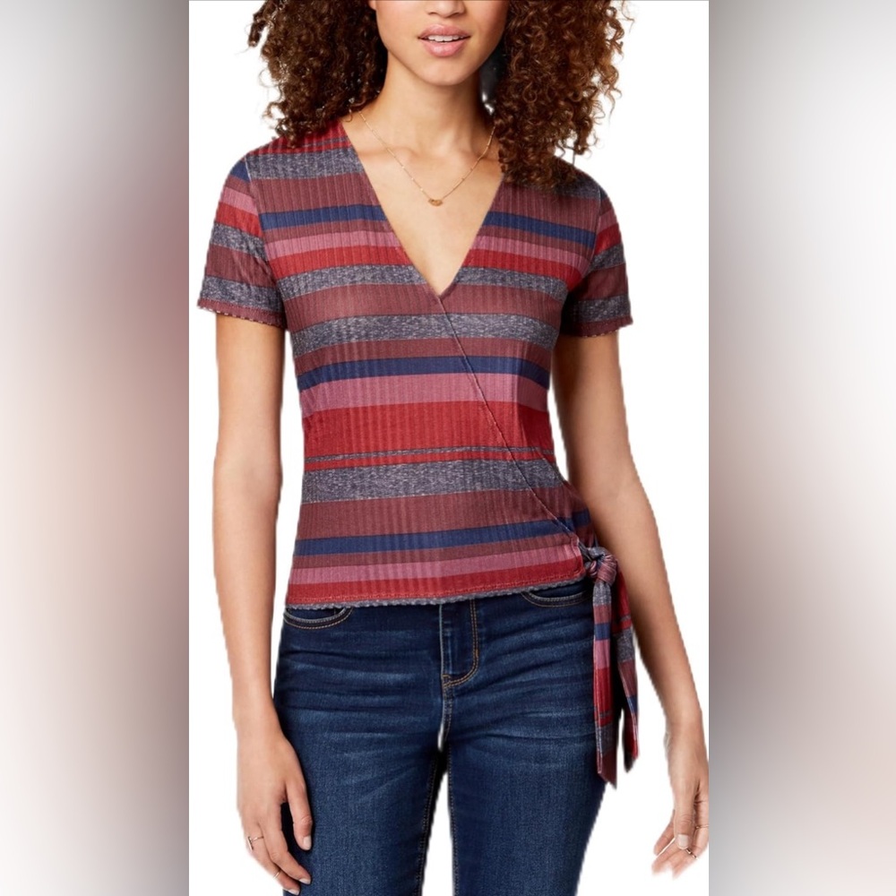 Self Esteem Striped Surplice Wrap Top